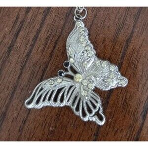 2016 Silver Tone Rhinestone Butterfly Pendant Necklace Long Chain Statement